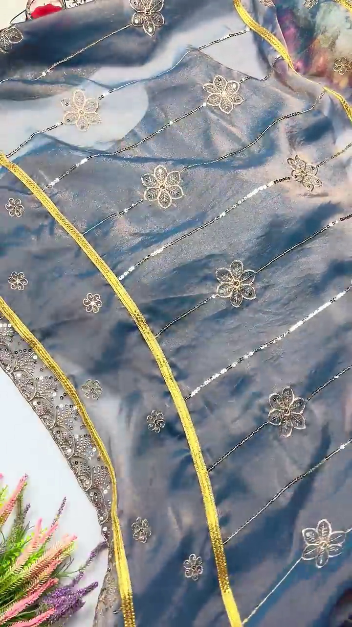 Celestial Blue Shimmer Gown with Scalloped Neckline and Fluid Drapery