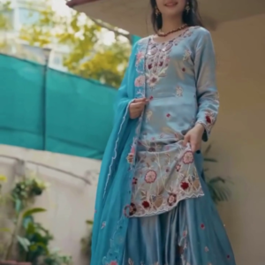 Celestial Blue Silk Sharara Set with Floral Artistry