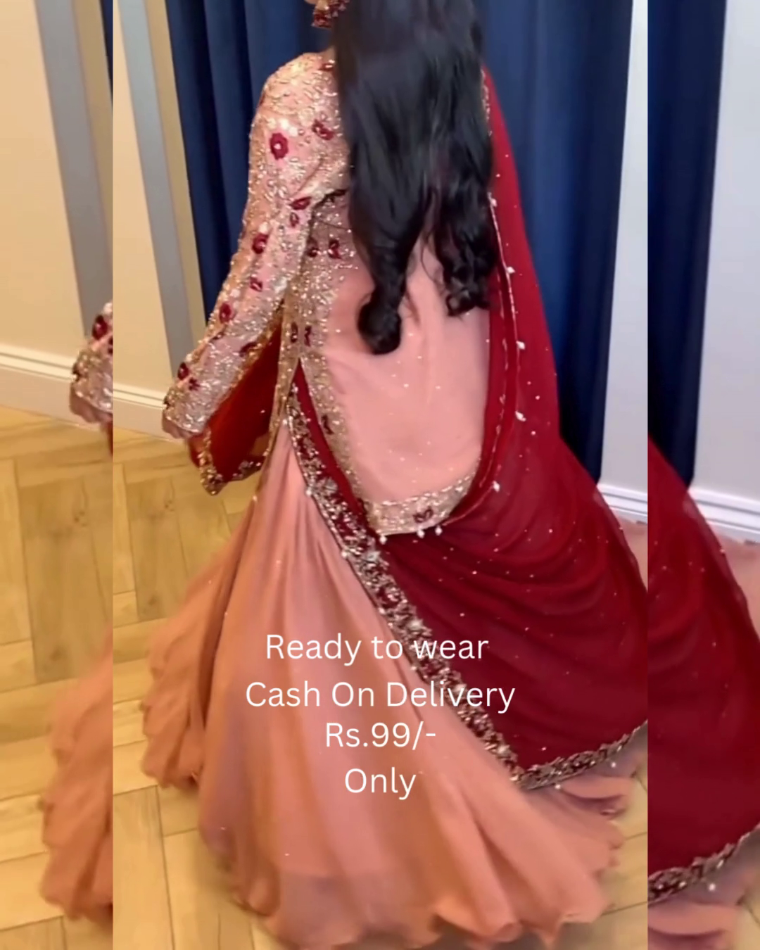 Rose Blush Bridal Sharara with Crimson Contrast - Image 2