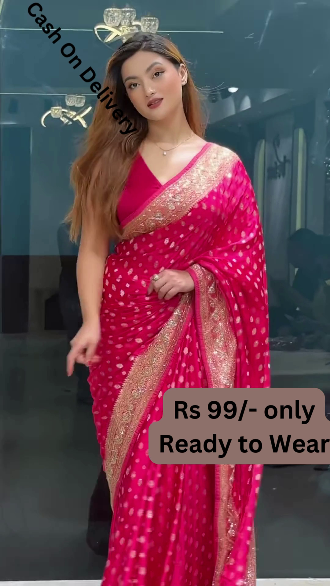 Vibrant Pink Polka Dot Saree with Gilded Lace Border
