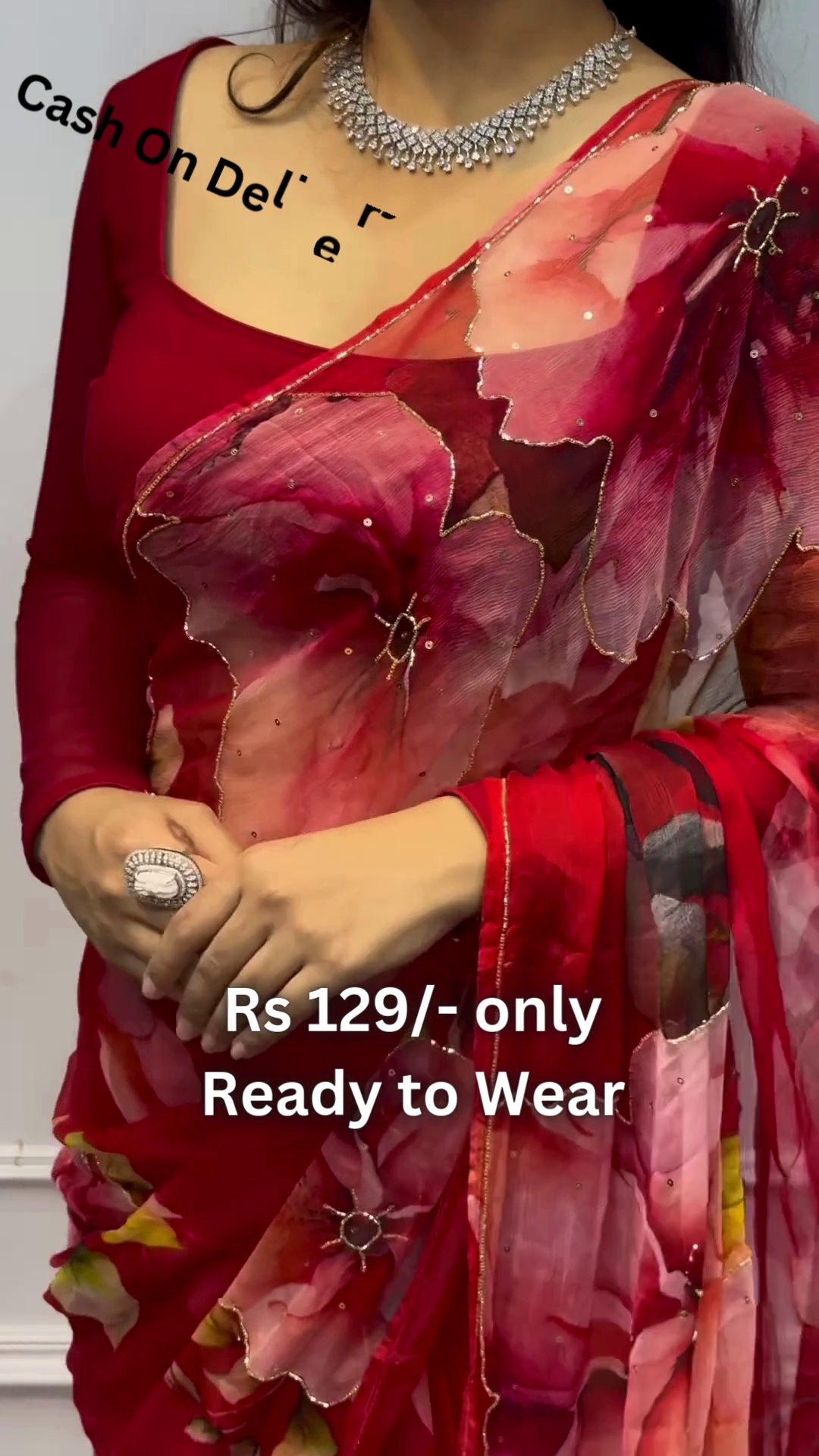 Crimson Bloom Chiffon Saree with Scalloped Gilded Border