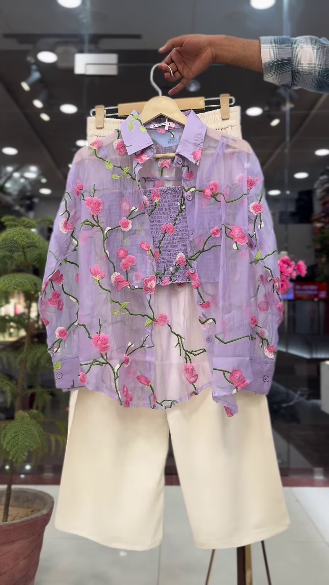 Sheer Pink Floral Embroidered Shirt with White Wide-Leg Trousers