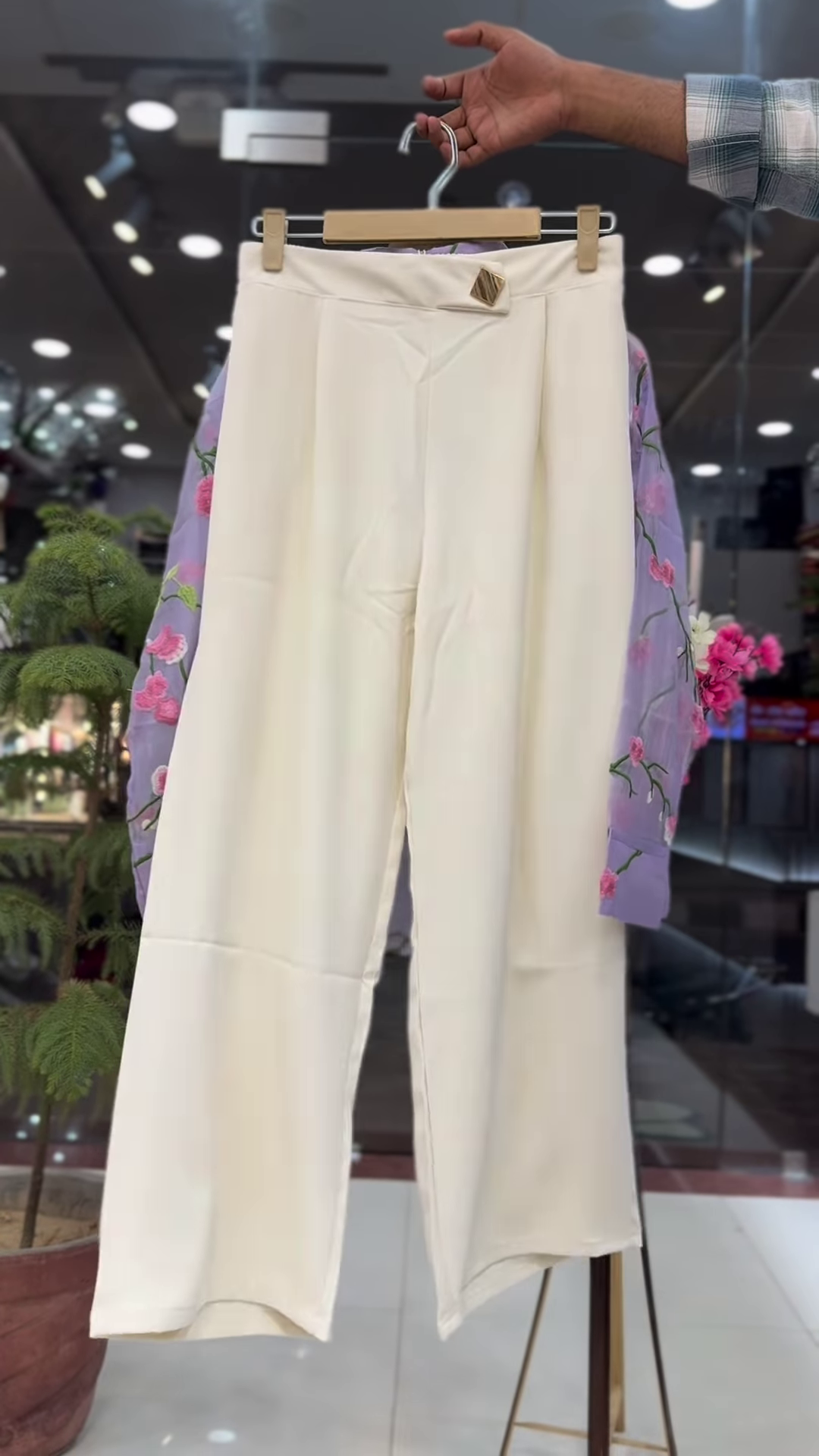 Sheer Pink Floral Embroidered Shirt with White Wide-Leg Trousers - Image 4