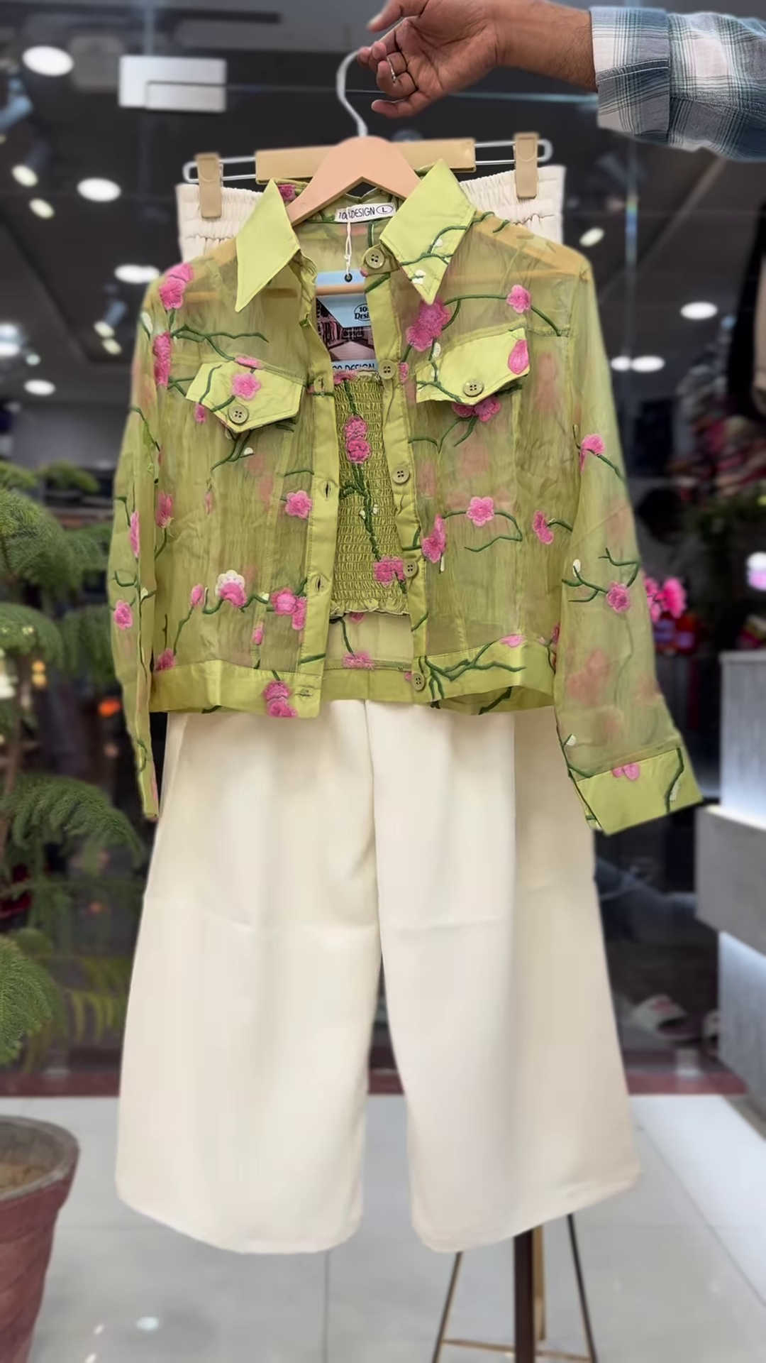 Sheer Pink Floral Embroidered Shirt with White Wide-Leg Trousers - Image 2