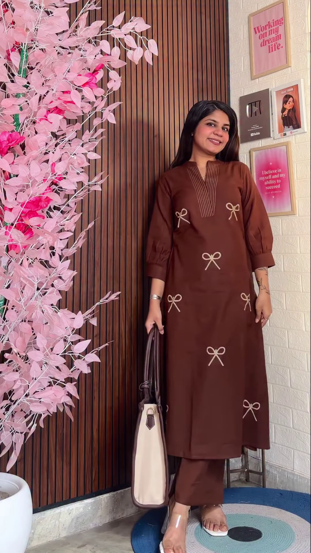 Chocolate Brown Tunic Set with Cream Bow Embroidery - Image 9