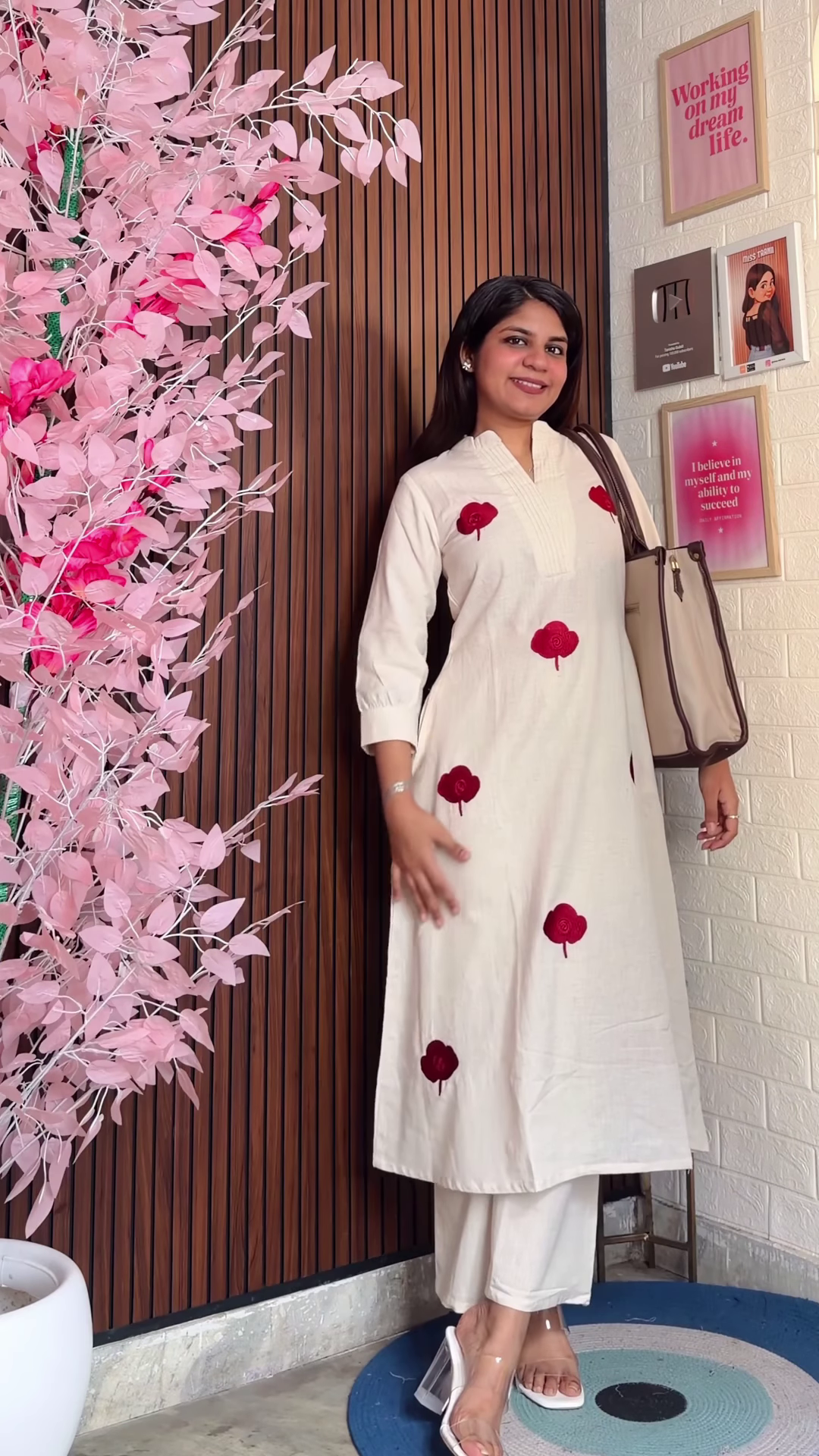 Chocolate Brown Tunic Set with Cream Bow Embroidery - Image 7