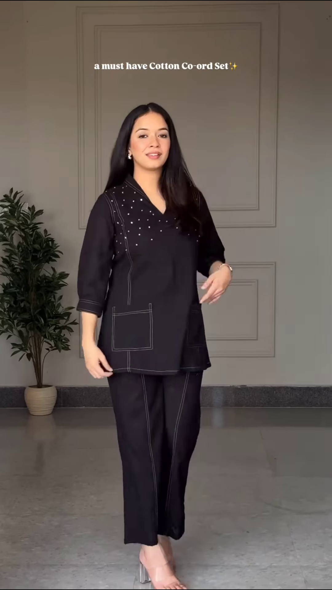 Chic Black Cotton Co-ord Set with Contrast Stitching and Pearl Accents - Image 4