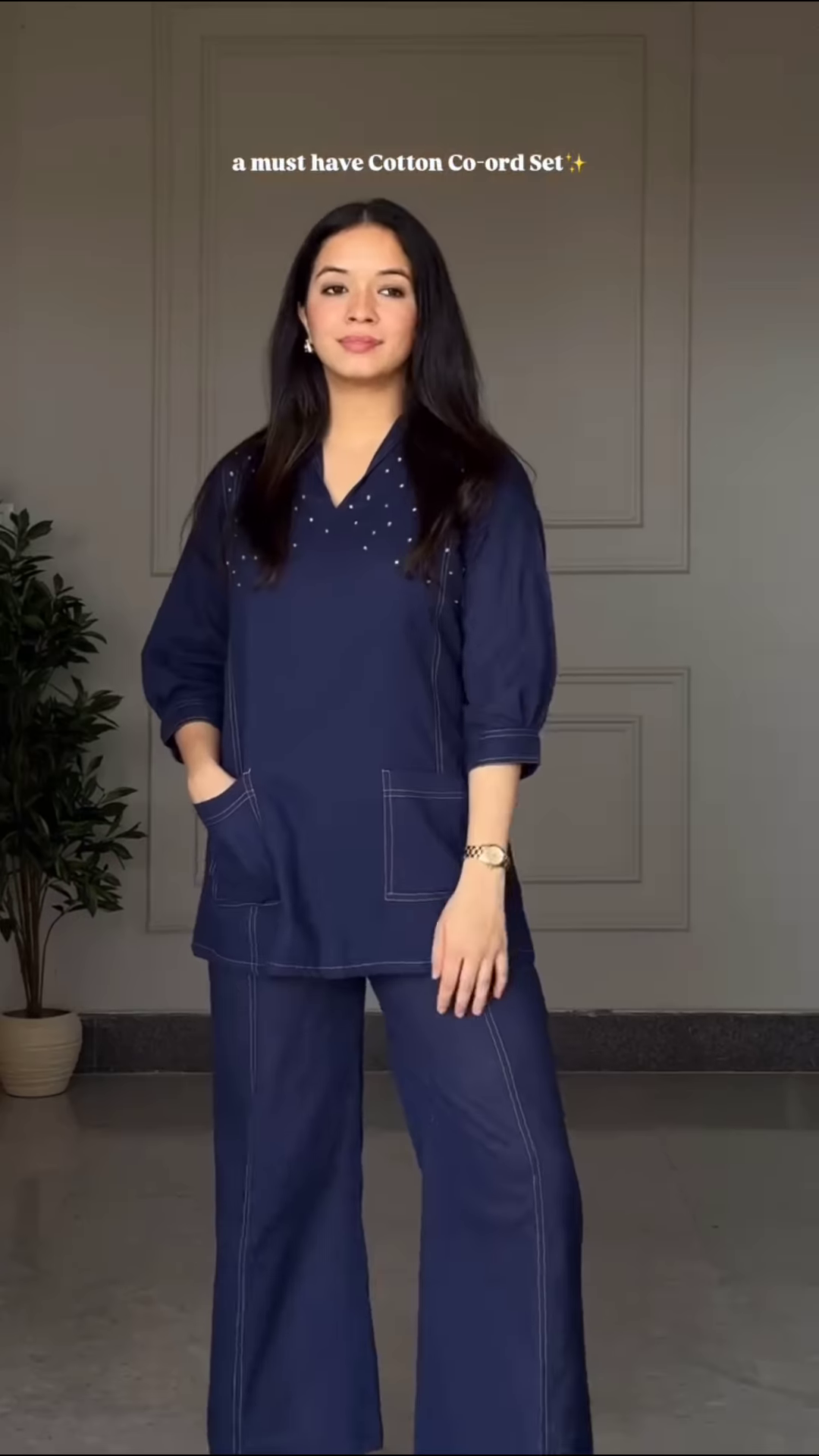 Chic Black Cotton Co-ord Set with Contrast Stitching and Pearl Accents