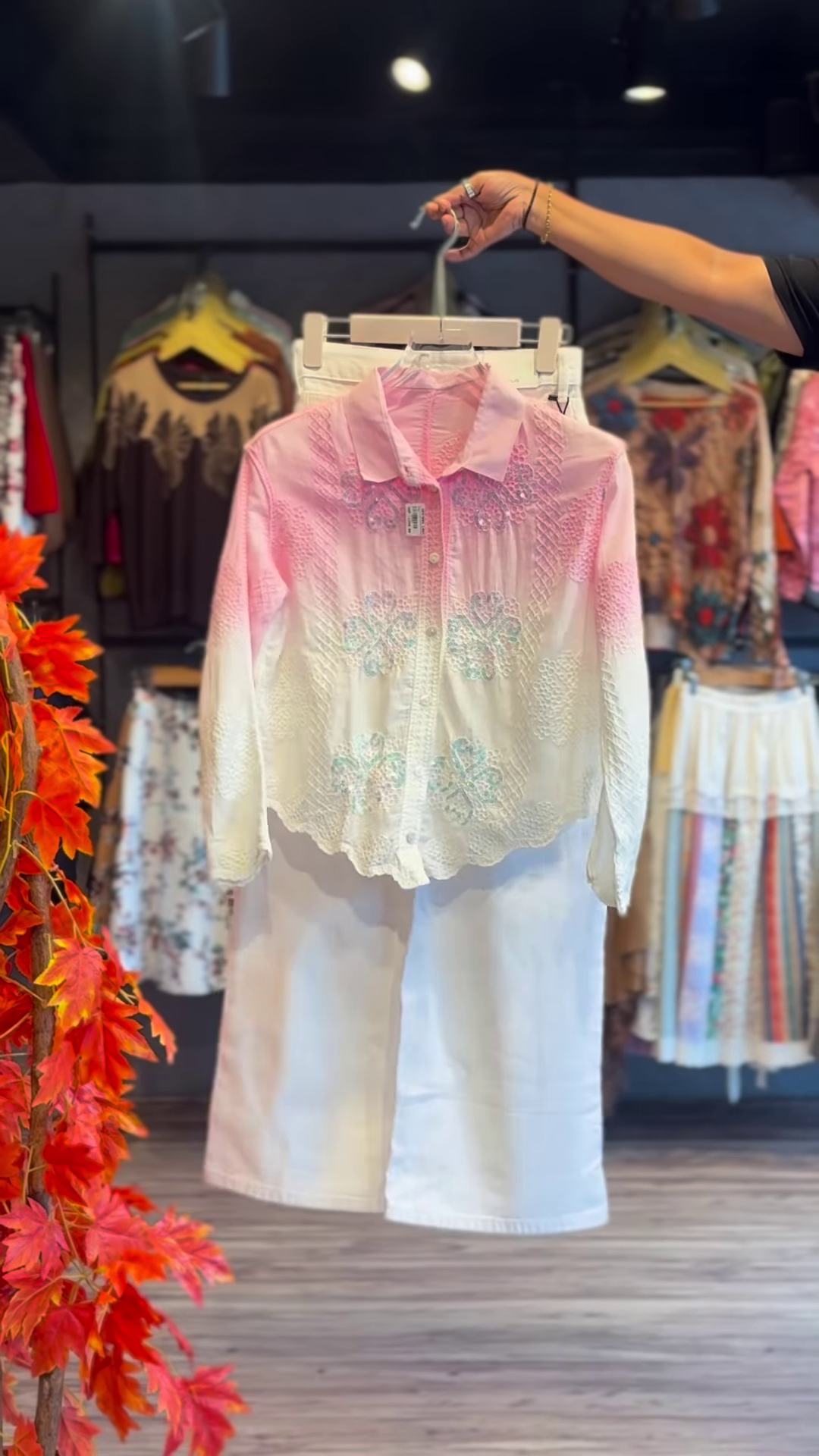 Pink and White Ombre Embroidered Shirt with Scalloped Hem