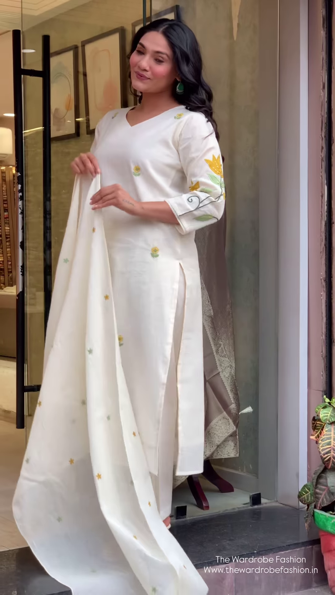 Ivory Silk Suit with Subtle Yellow Floral Embroidery