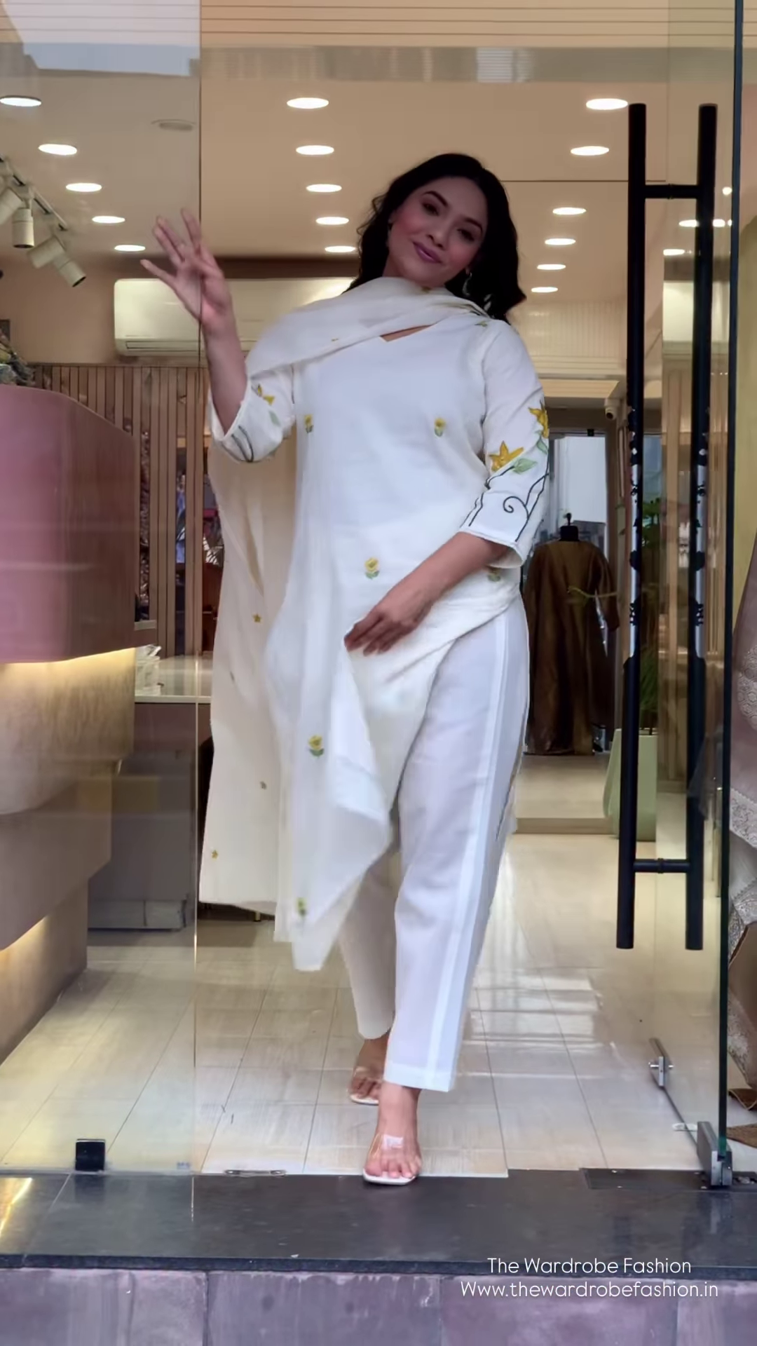 Ivory Silk Suit with Subtle Yellow Floral Embroidery - Image 3