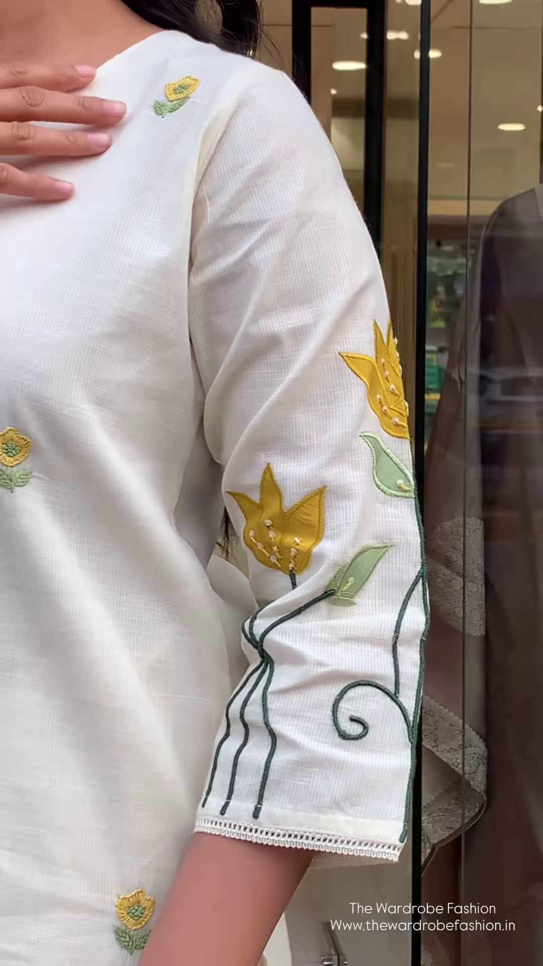 Ivory Silk Suit with Subtle Yellow Floral Embroidery - Image 2