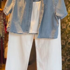 Crystal Embellished Denim Shirt & White Trouser Co-ord Set