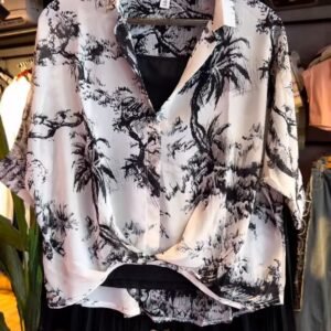 Monochrome Tropics Printed Shirt and Shimmer Pleated Midi Skirt Co-ord Set
