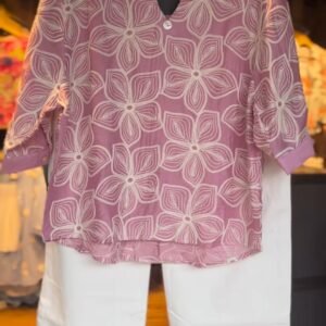 Floral Embroidered Mauve Kurta Set with White Trousers
