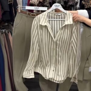 Classic Striped Shirt & Tailored Trouser Set – Available in Beige, Chocolate & Wine